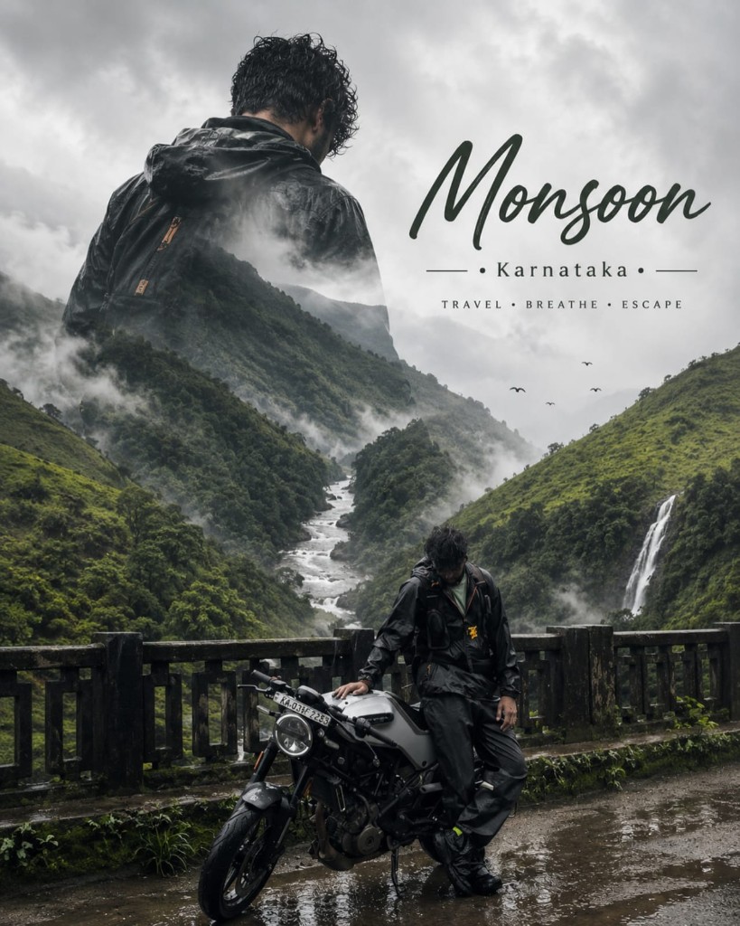 Monsoon motorcycle ride through misty Karnataka hills and waterfall valley