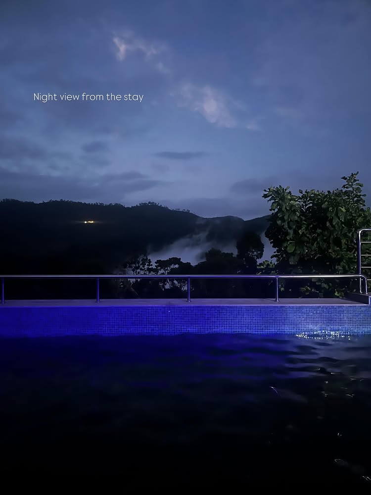 Night view from Chikmagalur stay — pool lights and hills under starry sky